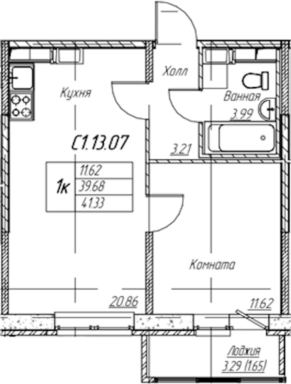 1-комнатная квартира 41.33 м², 13/22 эт., ЖК «Парк-квартал Юнтолово»